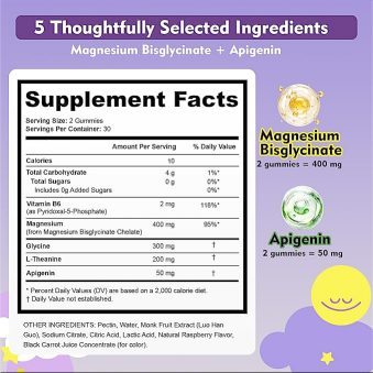 Magnesium Bisglycinate Gummies with Apigenin & B6, Melatonin Free, 60 Ct | Gentle on Stomach, Chelated with Glycine, Night Calm Routine supplement